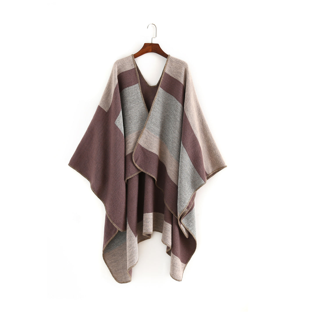 Damen Oversize‑Ruana‑Poncho aus Wollmix mit geometrischem Blockjacquard und V‑Ausschnitt Drune