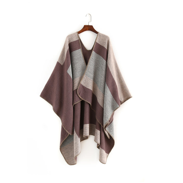 Damen Oversize‑Ruana‑Poncho aus Wollmix mit geometrischem Blockjacquard und V‑Ausschnitt Drune