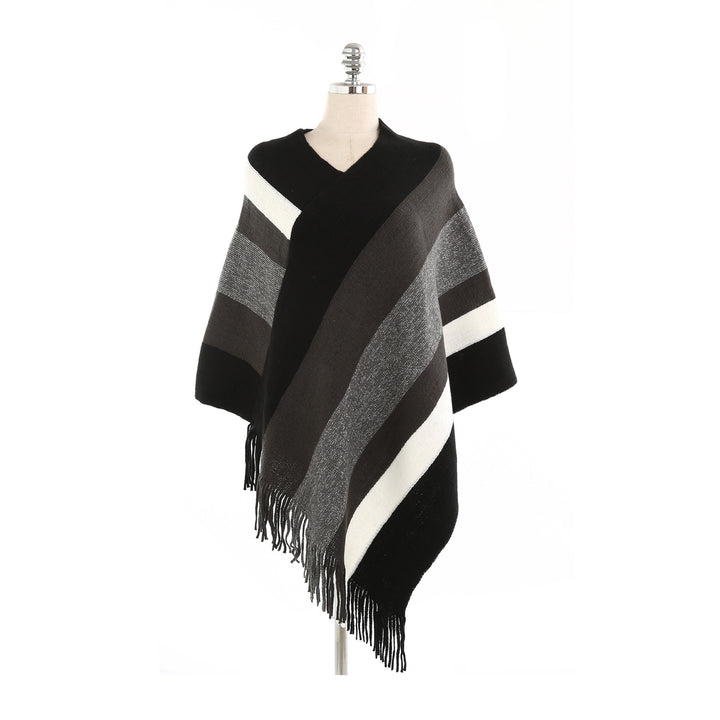 Damen Oversize‑Strickruana mit Fransensaum und diagonaler Blockstreifen‑Optik Drune