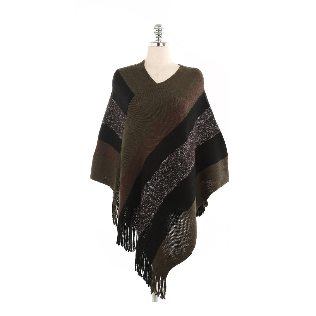 Damen Oversize‑Strickruana mit Fransensaum und diagonaler Blockstreifen‑Optik Drune