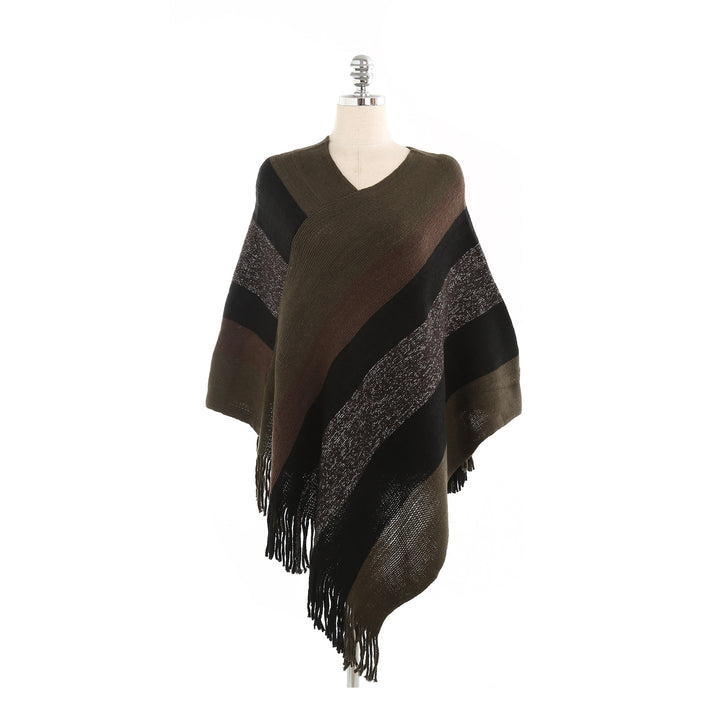 Damen Oversize‑Strickruana mit Fransensaum und diagonaler Blockstreifen‑Optik Drune