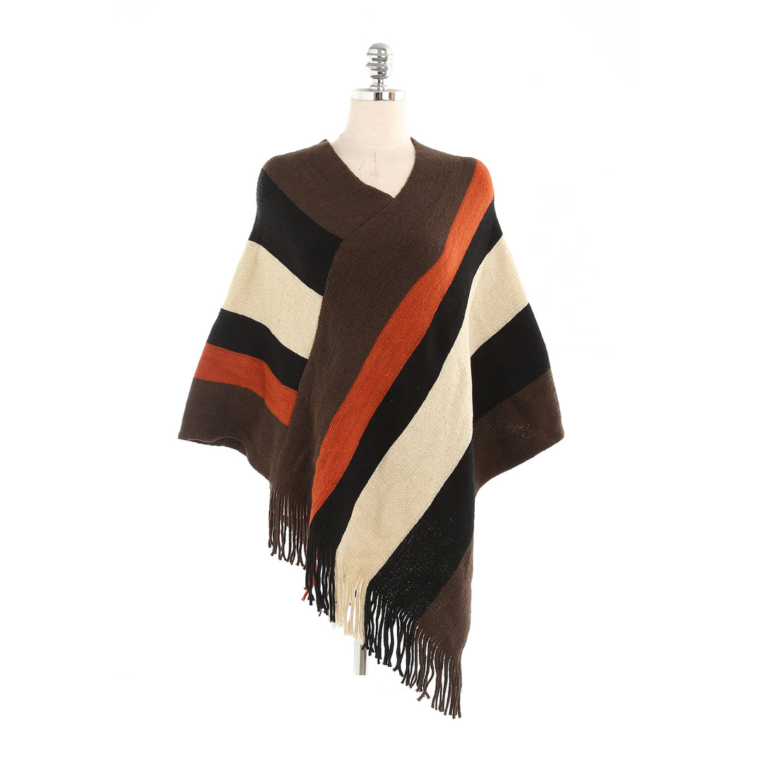 Damen Oversize‑Strickruana mit Fransensaum und diagonaler Blockstreifen‑Optik Drune