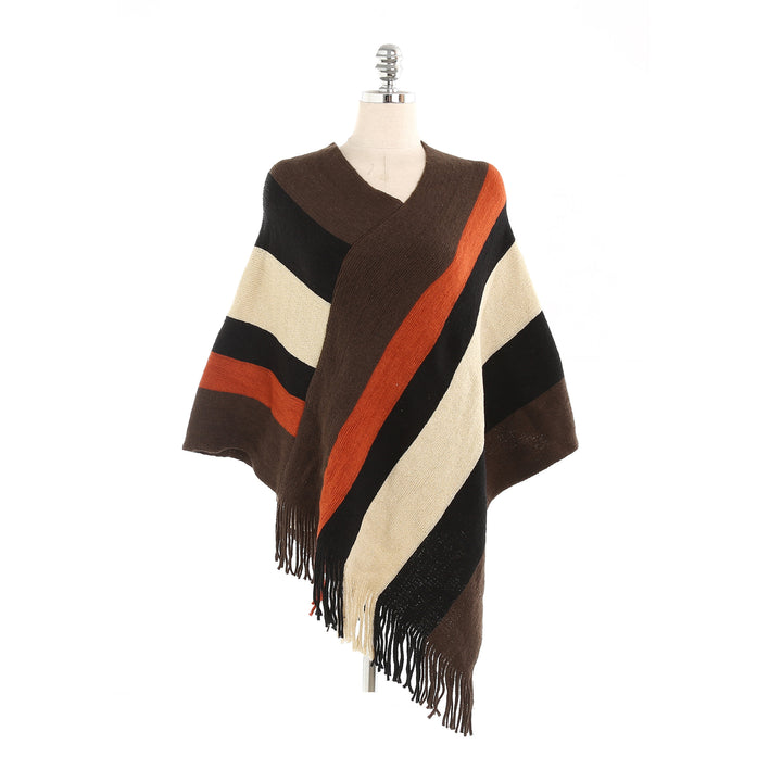 Damen Oversize‑Strickruana mit Fransensaum und diagonaler Blockstreifen‑Optik Drune