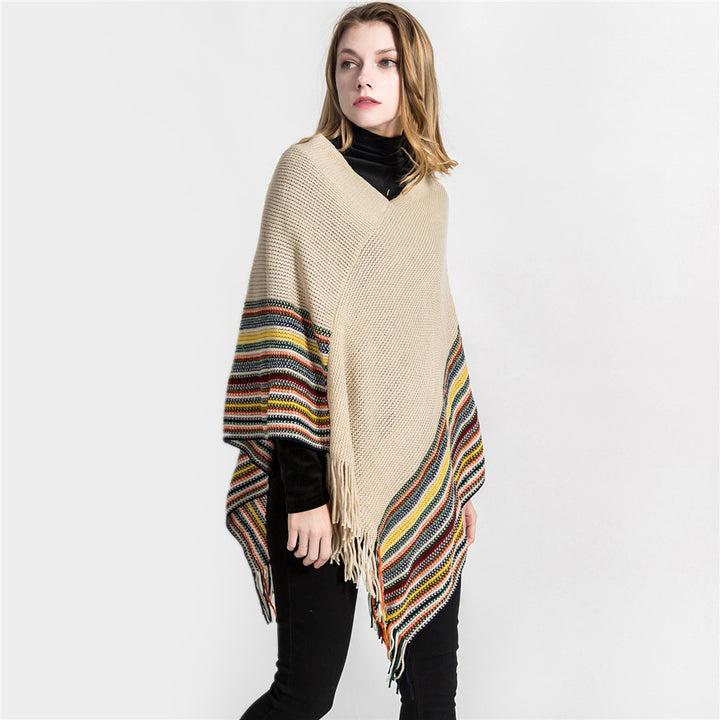Damen Oversize-Strickruana mit Fransen und gestreifter Bordüre Drune