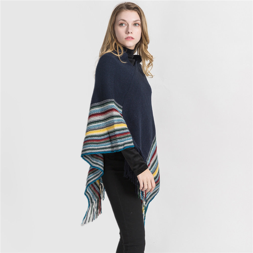 Damen Oversize-Strickruana mit Fransen und gestreifter Bordüre Drune