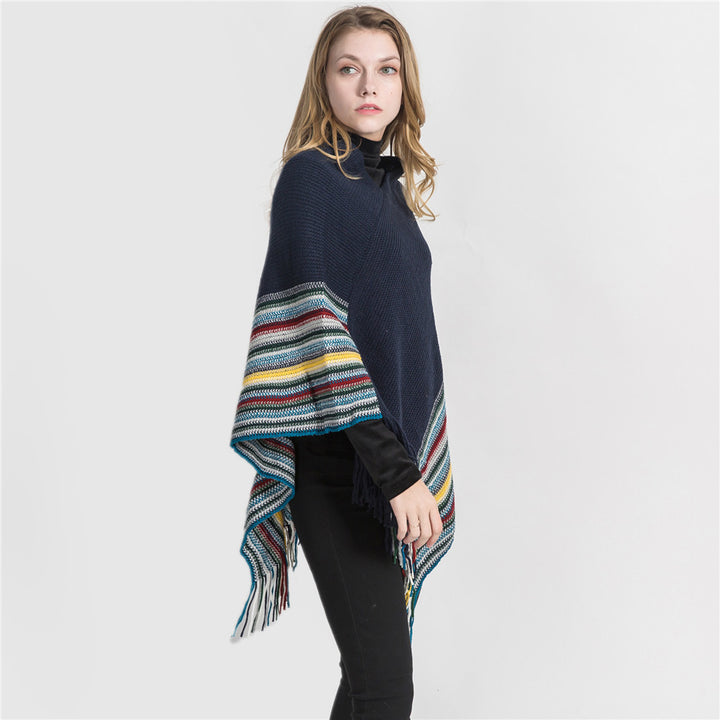 Damen Oversize-Strickruana mit Fransen und gestreifter Bordüre Drune