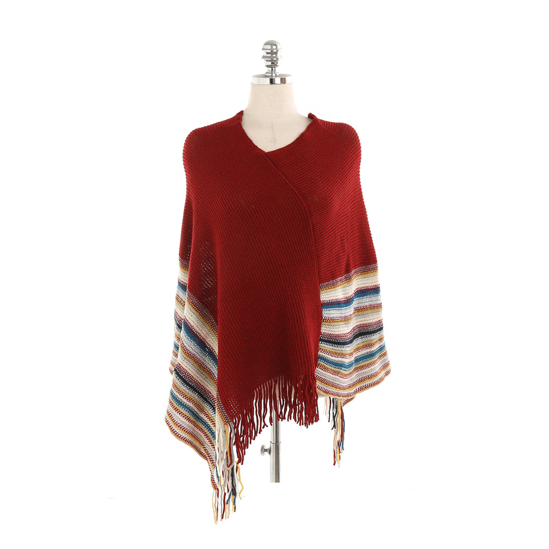Damen Oversize-Strickruana mit Fransen und gestreifter Bordüre Drune