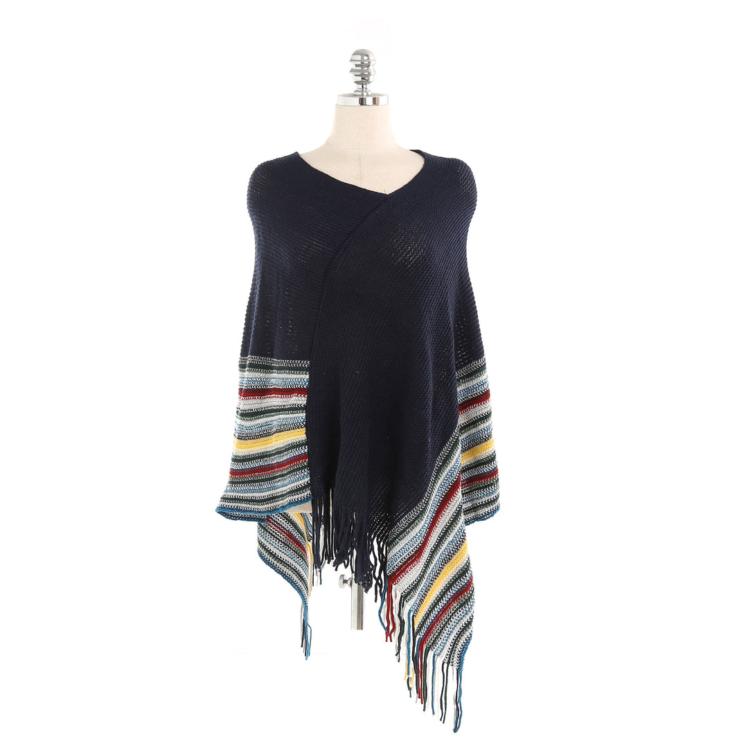 Damen Oversize-Strickruana mit Fransen und gestreifter Bordüre Drune