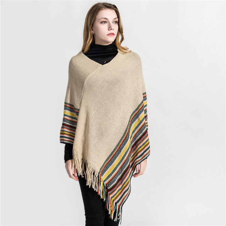 Damen Oversize-Strickruana mit Fransen und gestreifter Bordüre Drune