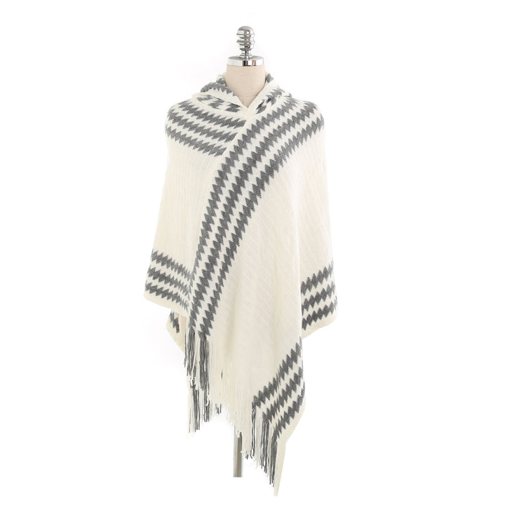 Damen Strick‑Kapuzencape im Hahnentritt‑Jacquard mit Fransensaum Drune