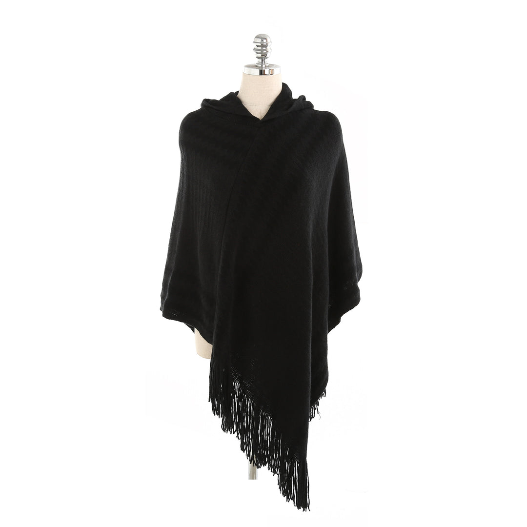 Damen Strick‑Kapuzencape im Hahnentritt‑Jacquard mit Fransensaum Drune