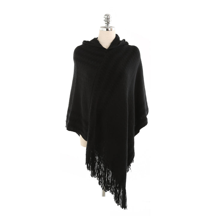 Damen Strick‑Kapuzencape im Hahnentritt‑Jacquard mit Fransensaum Drune