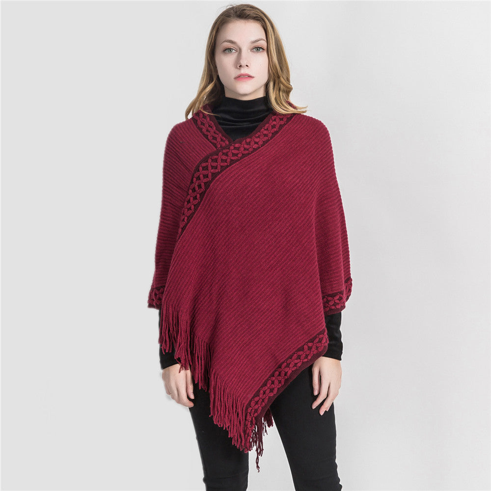 Damen V-Ausschnitt Ruana-Poncho mit geflochtener Bordüre und Fransen Drune