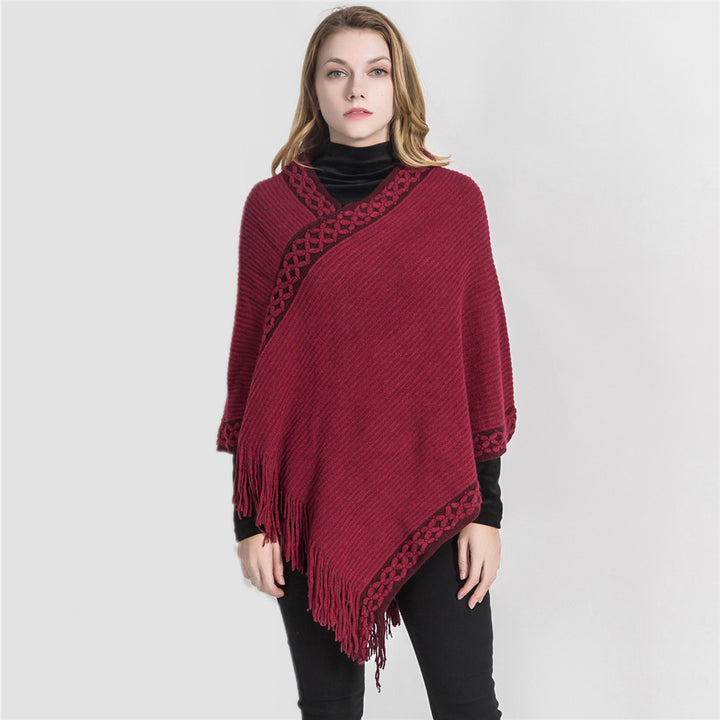 Damen V-Ausschnitt Ruana-Poncho mit geflochtener Bordüre und Fransen Drune