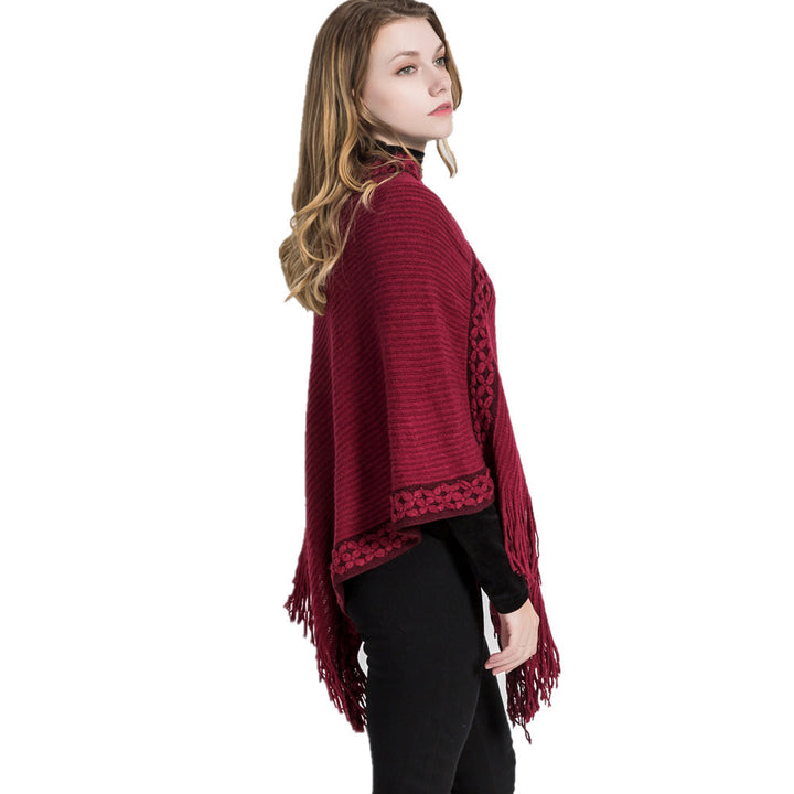 Damen V-Ausschnitt Ruana-Poncho mit geflochtener Bordüre und Fransen Drune