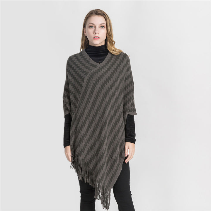 Damen Kaschmir‑Touch Ruana‑Poncho mit Zickzack‑Jacquard und Fransensaum Drune