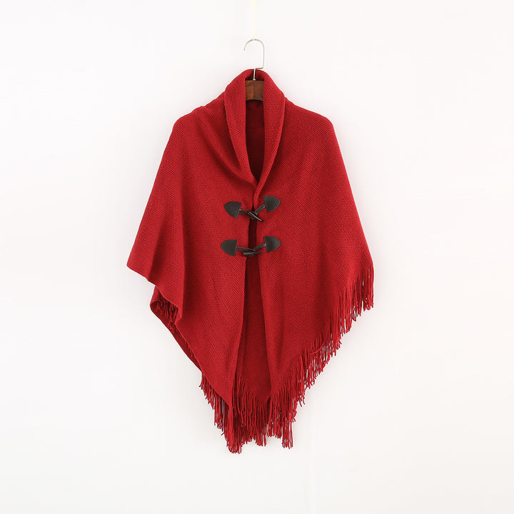 Damen Strick-Ruana-Poncho mit Schalkragen, Knebelverschlüssen und Fransensaum Drune