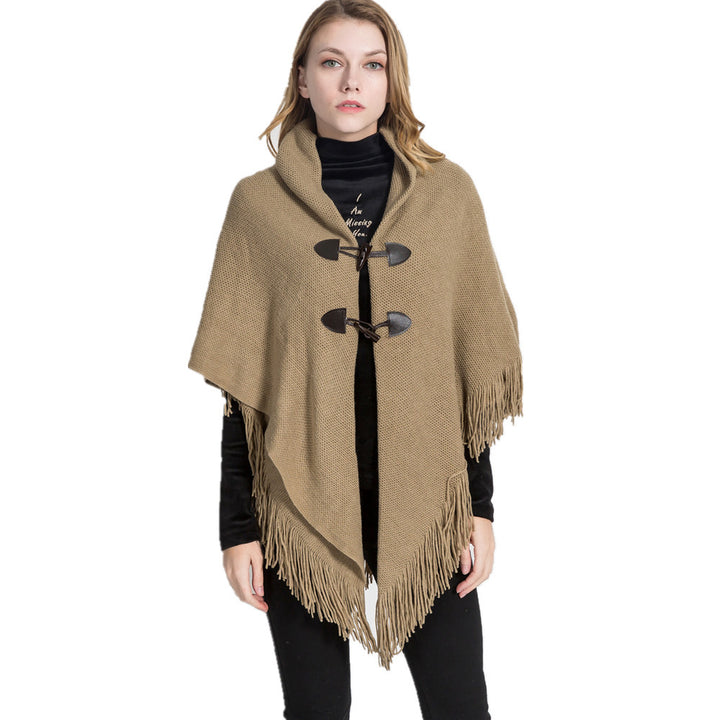 Damen Strick-Ruana-Poncho mit Schalkragen, Knebelverschlüssen und Fransensaum Drune
