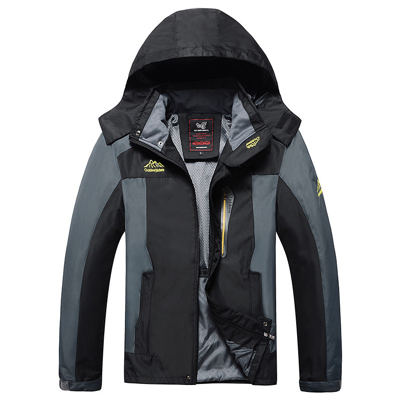 Herren dreilagige Hardshell-Outdoorjacke mit abnehmbarer Kapuze, verschweißten Nähten und Brust-Reißverschlusstasche Drune