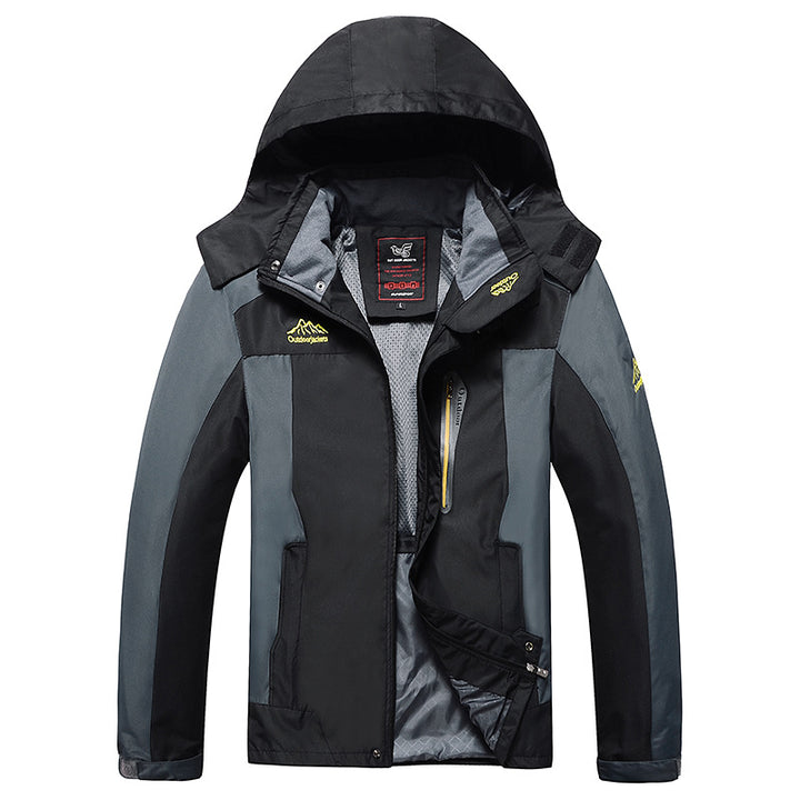 Herren dreilagige Hardshell-Outdoorjacke mit abnehmbarer Kapuze, verschweißten Nähten und Brust-Reißverschlusstasche Drune