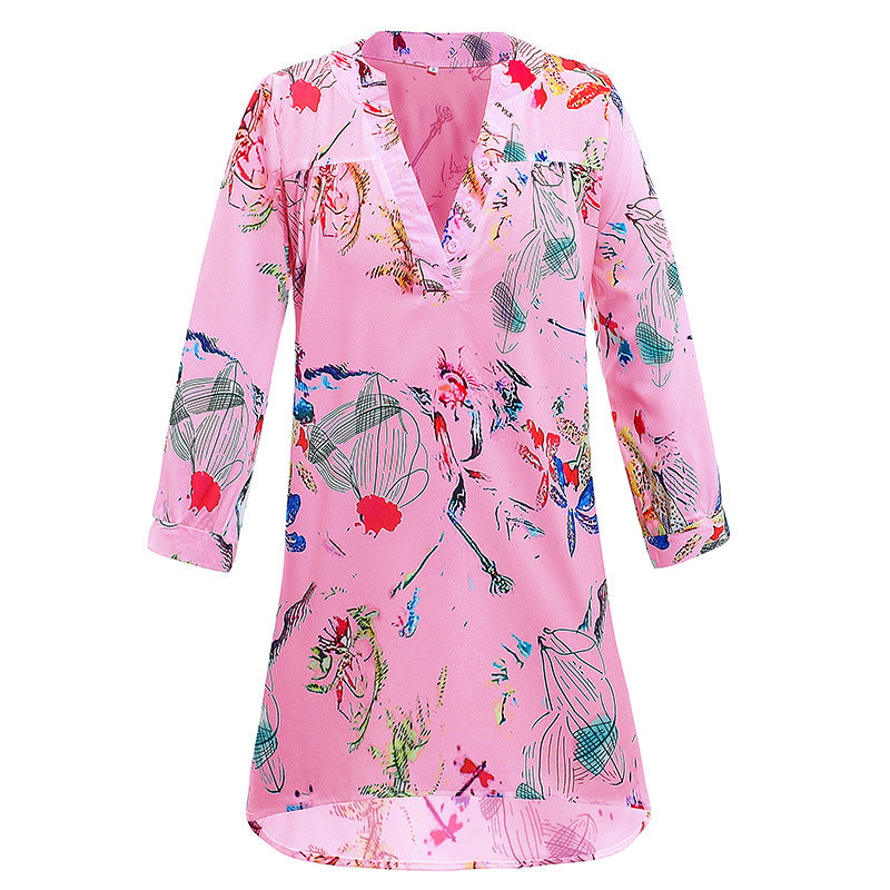 Damen Leichte Viskose Chiffon Tunika Kleid mit V-Ausschnitt und Dreiviertelärmeln Drune
