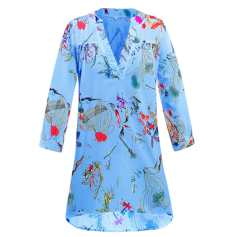 Damen Leichte Viskose Chiffon Tunika Kleid mit V-Ausschnitt und Dreiviertelärmeln Drune