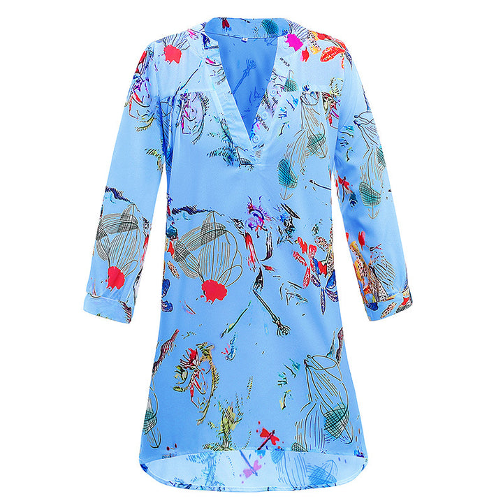 Damen Leichte Viskose Chiffon Tunika Kleid mit V-Ausschnitt und Dreiviertelärmeln Drune