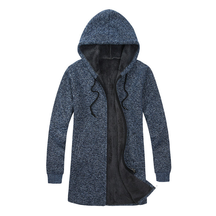 Herren Langer Kapuzen-Strickcardigan mit wärmender Teddyfleece-Innenfütterung, Tunnelzug und Eingrifftaschen Drune