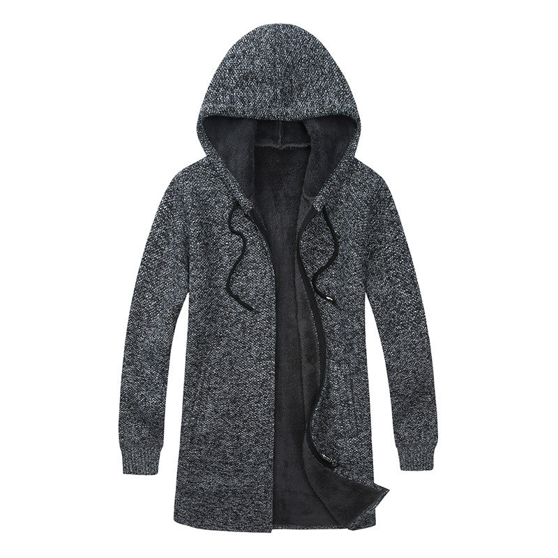 Herren Langer Kapuzen-Strickcardigan mit wärmender Teddyfleece-Innenfütterung, Tunnelzug und Eingrifftaschen Drune