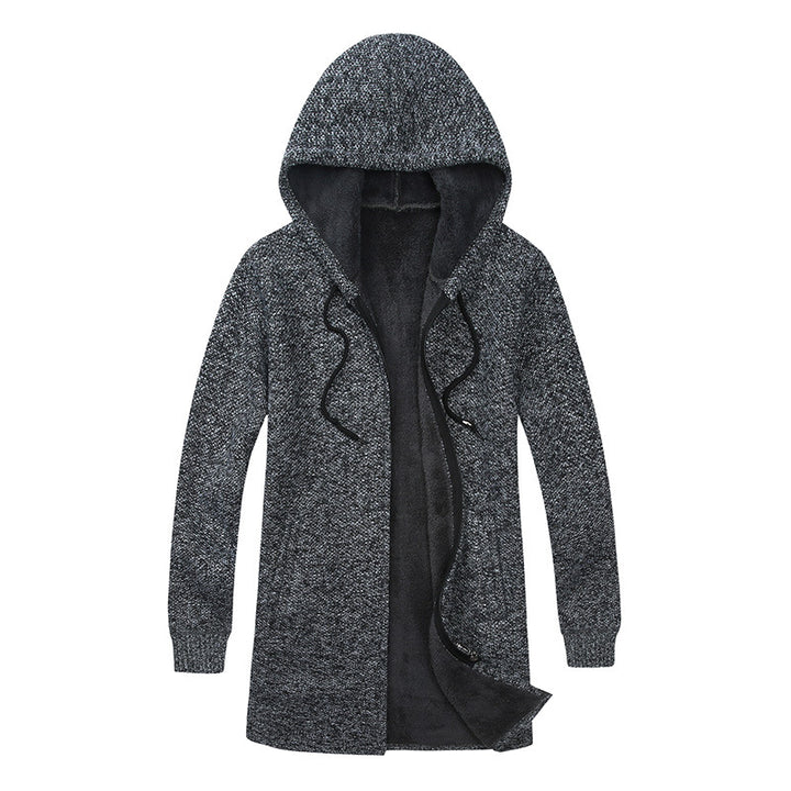 Herren Langer Kapuzen-Strickcardigan mit wärmender Teddyfleece-Innenfütterung, Tunnelzug und Eingrifftaschen Drune