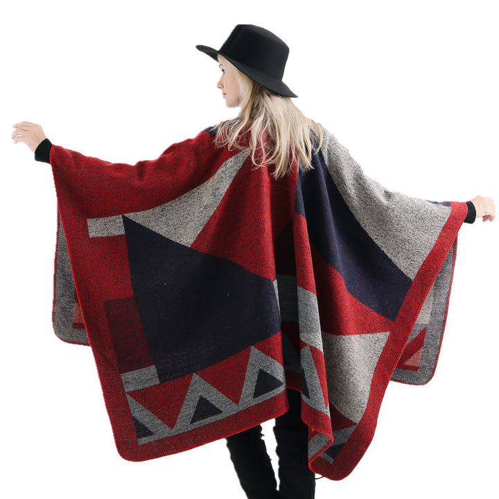 Damen Oversize-Ruana aus Wollmix mit geometrischem Intarsia und offenem Kimono-Fall Drune