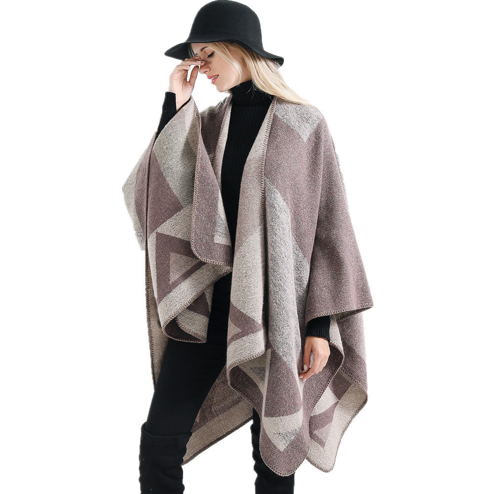 Damen Oversize-Ruana aus Wollmix mit geometrischem Intarsia und offenem Kimono-Fall Drune