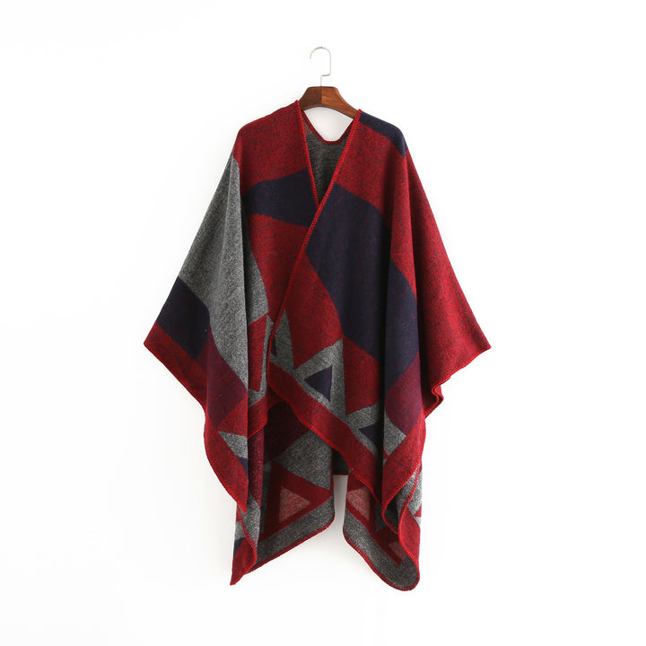 Damen Oversize-Ruana aus Wollmix mit geometrischem Intarsia und offenem Kimono-Fall Drune