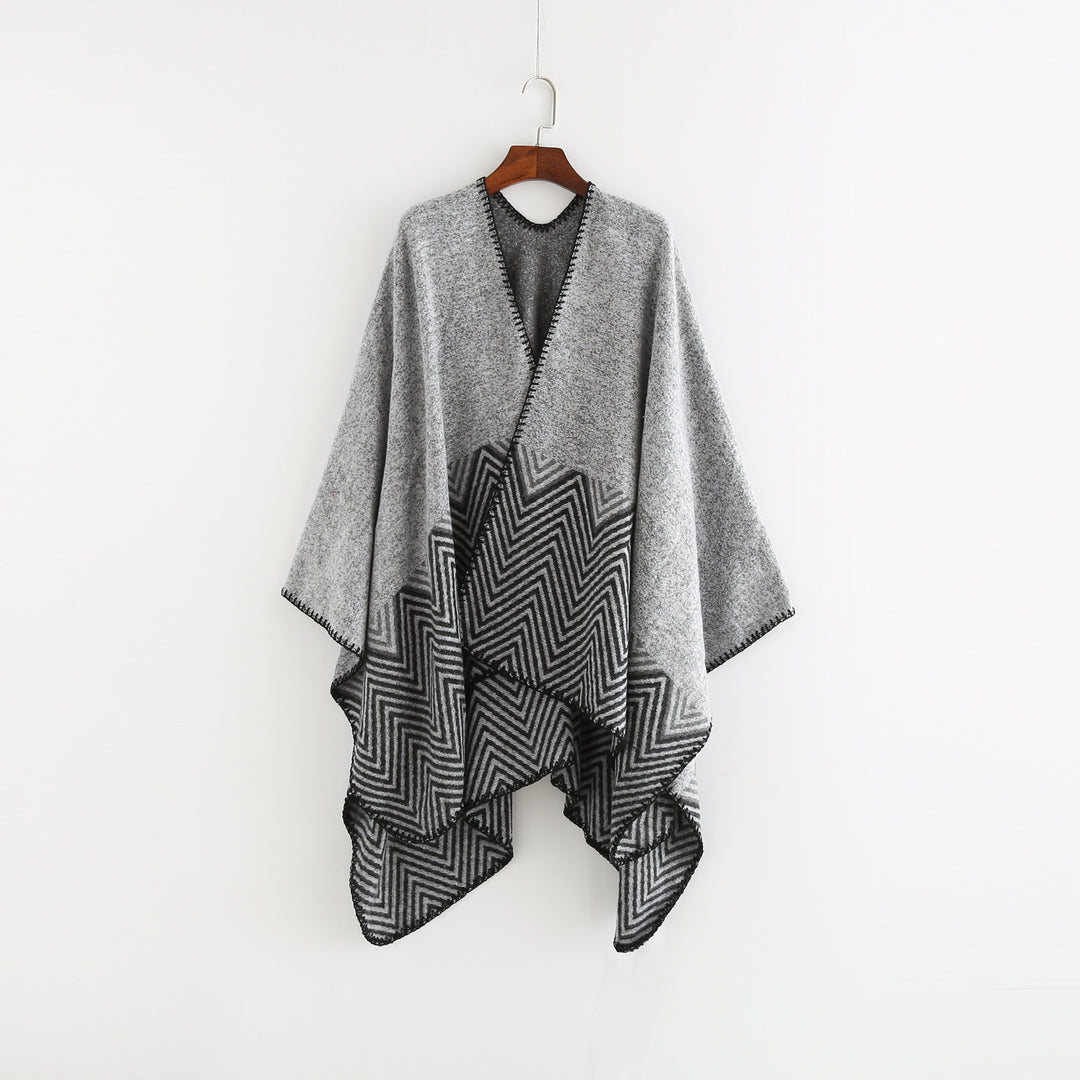 Damen Offener Ruana-Poncho im Oversize mit Chevron-Jacquard und Ziernaht Drune