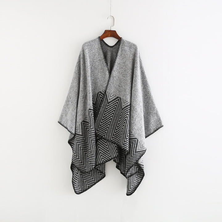 Damen Offener Ruana-Poncho im Oversize mit Chevron-Jacquard und Ziernaht Drune