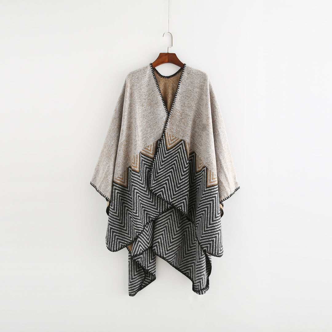 Damen Offener Ruana-Poncho im Oversize mit Chevron-Jacquard und Ziernaht Drune