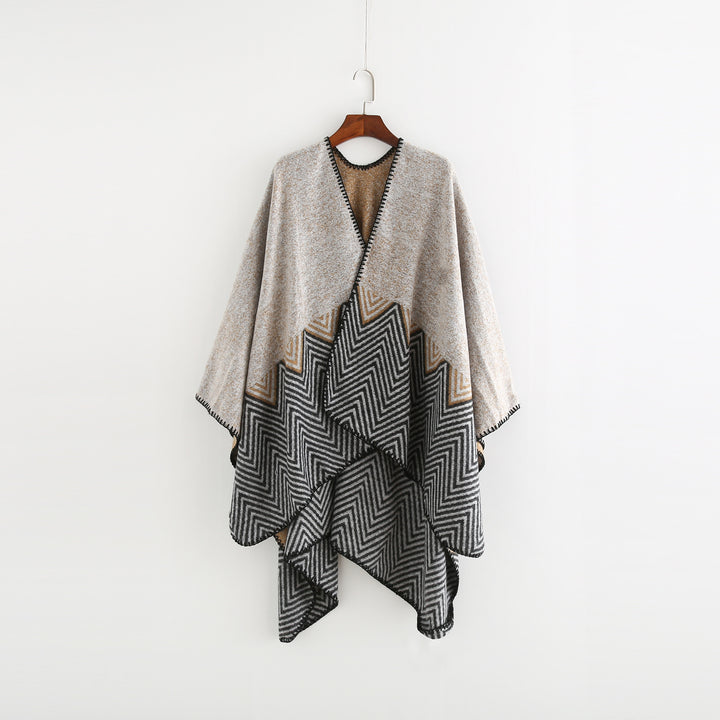 Damen Offener Ruana-Poncho im Oversize mit Chevron-Jacquard und Ziernaht Drune