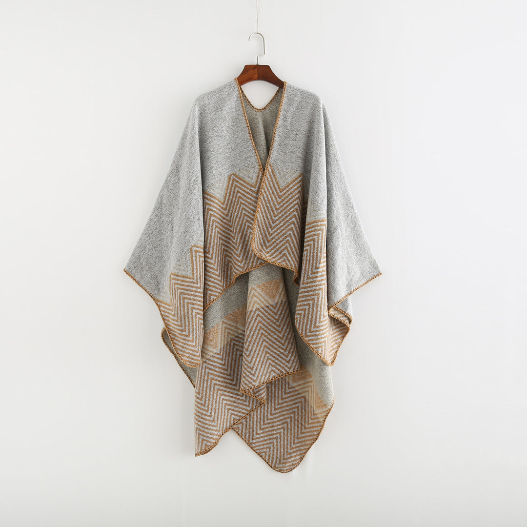 Damen Offener Ruana-Poncho im Oversize mit Chevron-Jacquard und Ziernaht Drune
