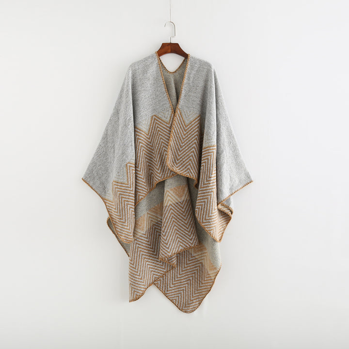 Damen Offener Ruana-Poncho im Oversize mit Chevron-Jacquard und Ziernaht Drune