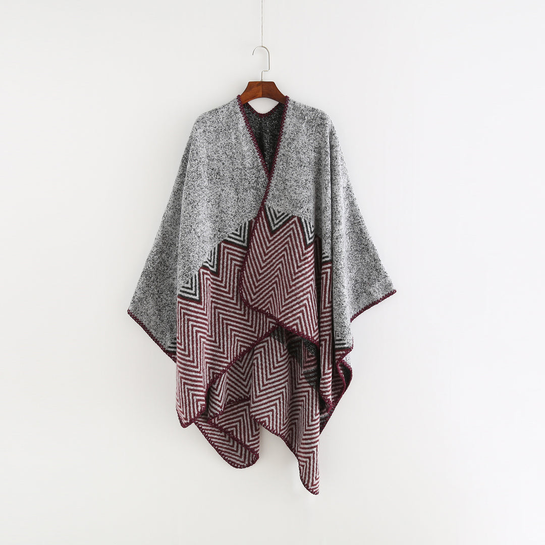 Damen Offener Ruana-Poncho im Oversize mit Chevron-Jacquard und Ziernaht Drune