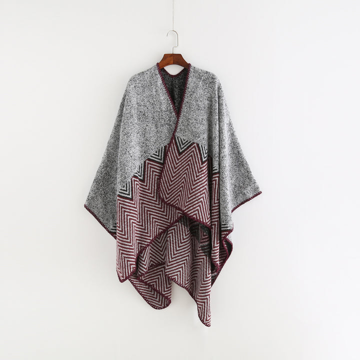 Damen Offener Ruana-Poncho im Oversize mit Chevron-Jacquard und Ziernaht Drune
