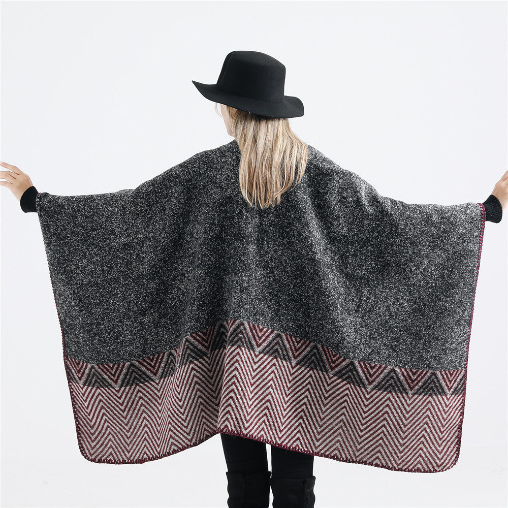 Damen Offener Ruana-Poncho im Oversize mit Chevron-Jacquard und Ziernaht Drune