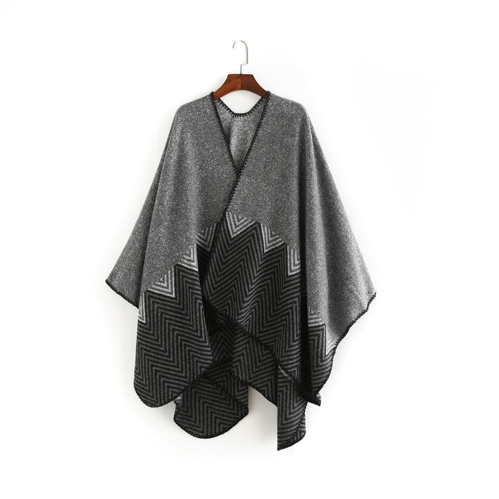 Damen Offener Ruana-Poncho im Oversize mit Chevron-Jacquard und Ziernaht Drune