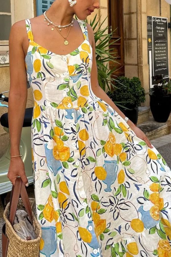 Drune | Leinenmix Bedrucktes Midi-Kleid