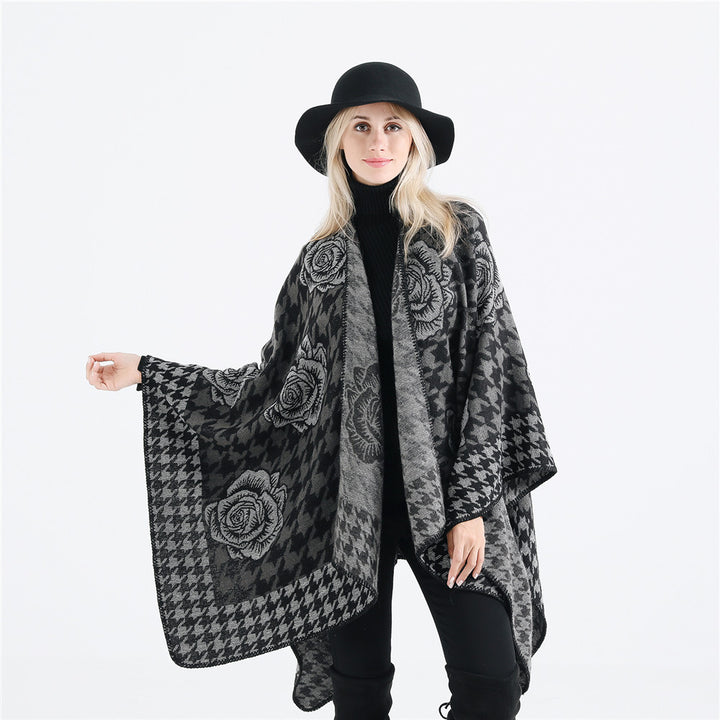 Damen Jacquard-Ruana mit Hahnentritt- und Rosenmotiv Drune
