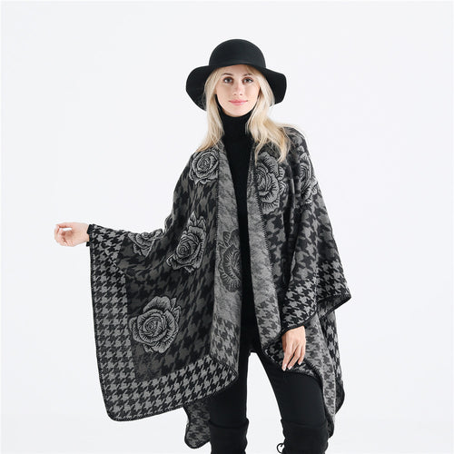 Damen Jacquard-Ruana mit Hahnentritt- und Rosenmotiv Drune