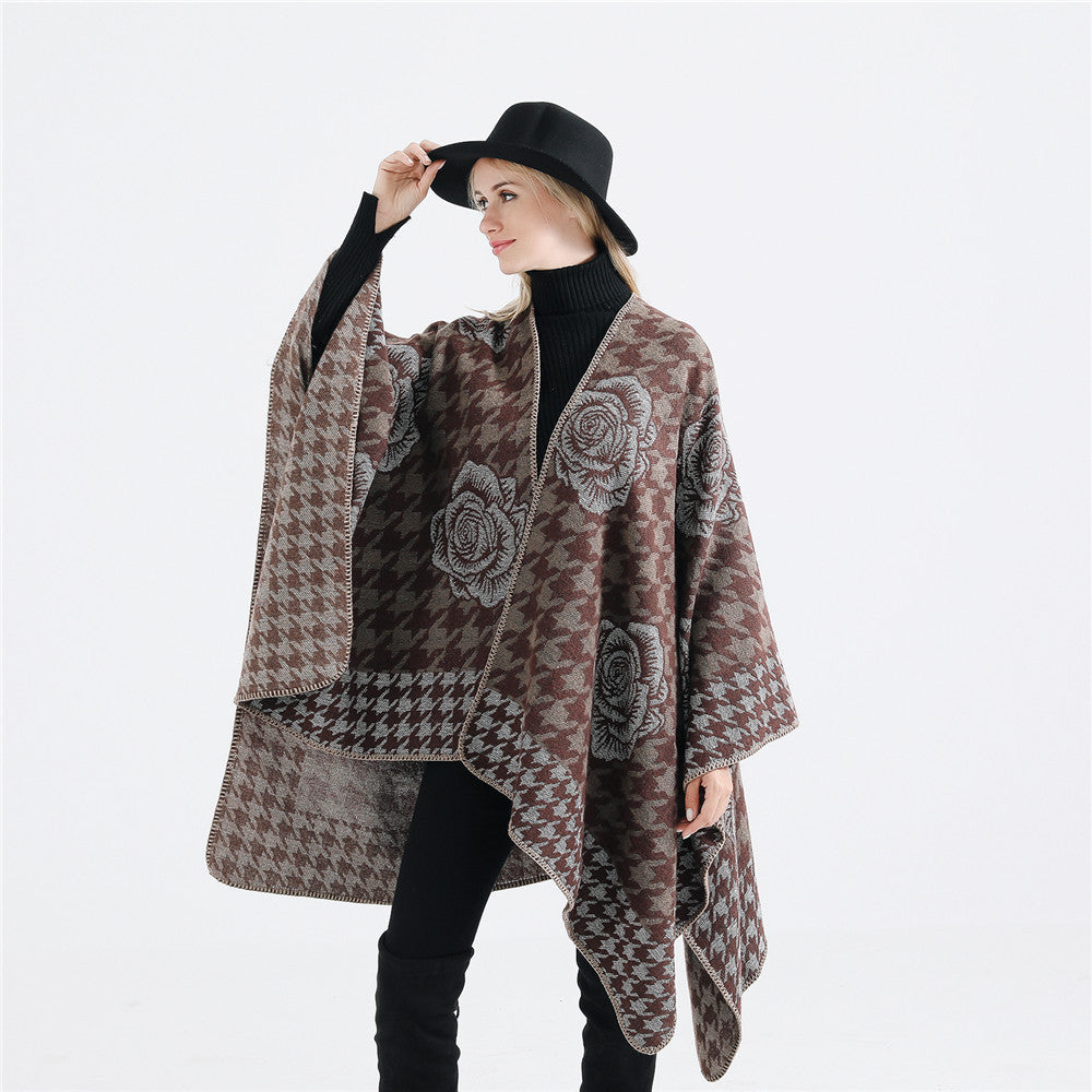 Damen Jacquard-Ruana mit Hahnentritt- und Rosenmotiv Drune