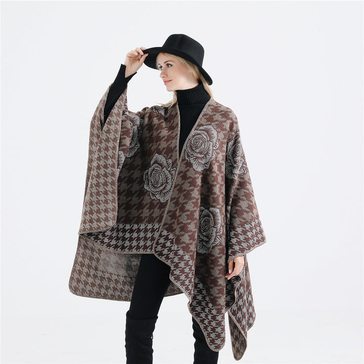 Damen Jacquard-Ruana mit Hahnentritt- und Rosenmotiv Drune