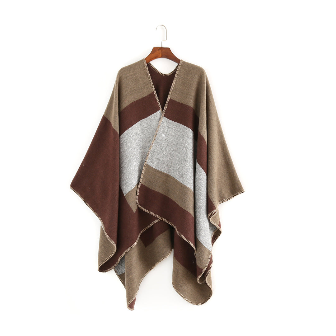 Damen Oversize‑Ruana‑Poncho aus Wollmix mit geometrischem Blockjacquard und V‑Ausschnitt Drune