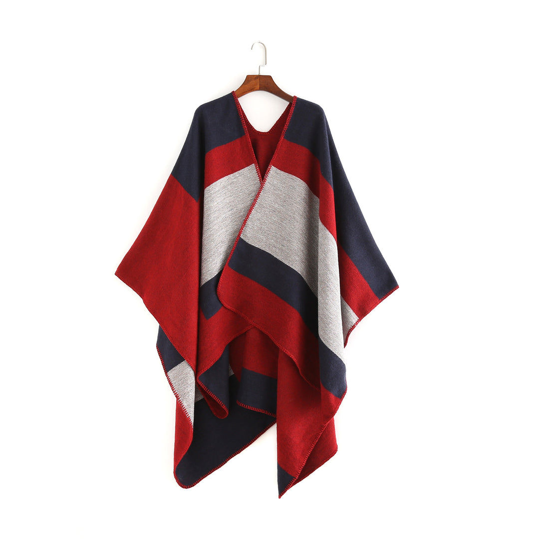 Damen Oversize‑Ruana‑Poncho aus Wollmix mit geometrischem Blockjacquard und V‑Ausschnitt Drune